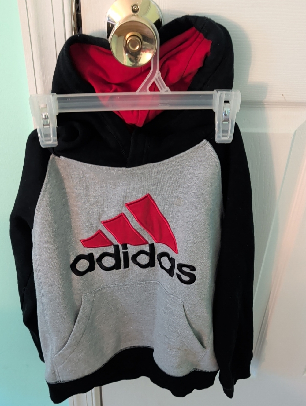 adidas Kids Black & Gray Hoodie with Red Logo and Lined Hood
